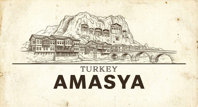 Amasya City Skyline Vintage Line Art Sketch - King Rock Tombs Illustration