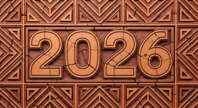 Engraved year 2026 in bold texture with intricate terracotta pattern background, 3d render.