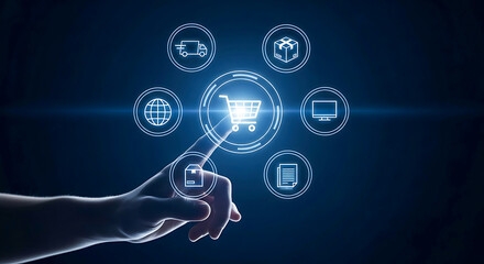 Obraz premium Hand touching shopping cart icon with e-commerce symbols