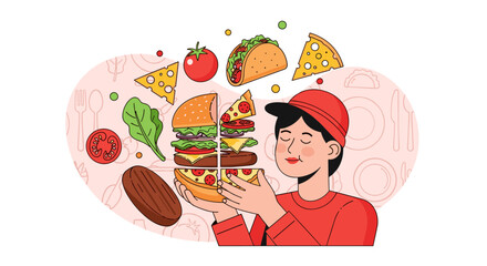  various food items including a hamburger, pizza, tomato slices, cheese, and lettuce, with a light pink background and white space.