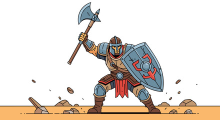 Stylized illustration of a person holding an axe, with a brown handle and a blue blade, near a ground with scattered stones.