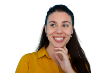 Young woman smiling and thinking with one hand resting on her chin, looking away happily, isolated with transparent background