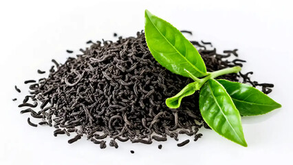 Heap of dry black tea leaves with fresh green leaves isolated on transparent background.