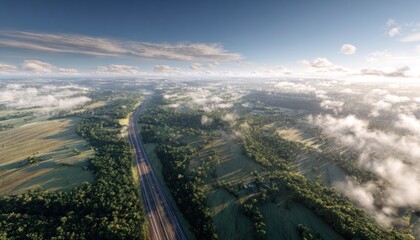 Aerial view of a rural highway winding through lush green landscapes and clouds, showcasing the beauty of nature and transportation in harmony