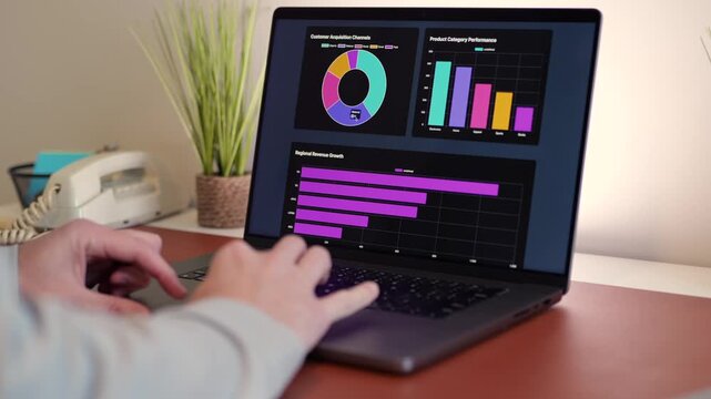 Business professional analyzing colorful sales funnel, ROI, inventory dashboards on laptop - Perfect for SaaS, analytics, fintech, data themes