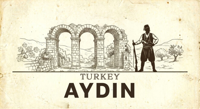 Aydin City Skyline Vintage Line Art Sketch - Ancient Tralles Ruins Illustration