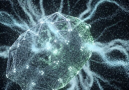 Abstract digital structure with glowing particles and geometric shapes in a dark background