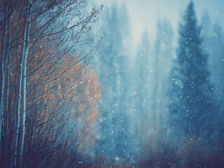 stylized photo of snowy winter forest in the foreground snow-covered birches, cozy atmosphere, bluish-blue-white color palette, can be used as background or stand alone poster