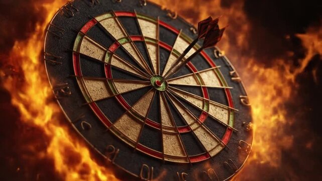 A fiery dartboard hovers amid roaring flames, bullseye glowing, ominous orange-red aura.. with heat