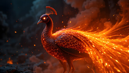 Portrait of Peacock with lava and fire feathers looking furiously, Side View with Smoke Behind as a Background