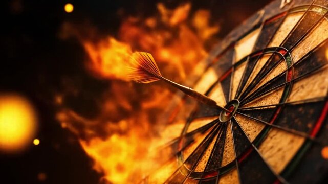 A blazing dartboard glows amid roaring flames, darts embedded near the rim, fiery scene. Heat licks