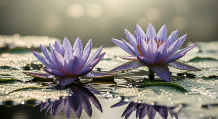 Purple Water Lilies Dew Drops Water Reflection Nature