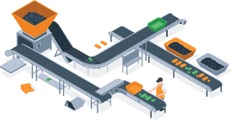 Isometric illustration of industrial conveyor belt system with worker sorting products, automated manufacturing process, factory production line and material handling equipment