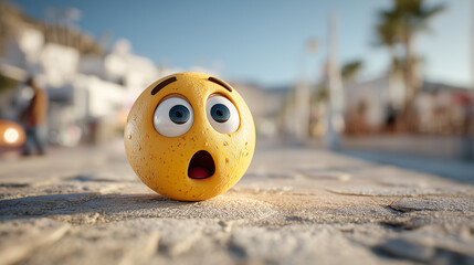 A surprised emoji face on a stone path with blurred background scenery