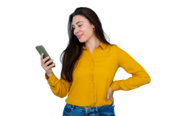 Young woman smiling, looking at smartphone, checking social media, sending message on transparent background