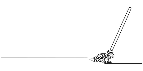 Continuous one line drawing of mop and bucket. Cleaning concept. Simple vector illustration, Single line draw design vector graphic illustration. Cleaning tools one line colored continuous drawing.