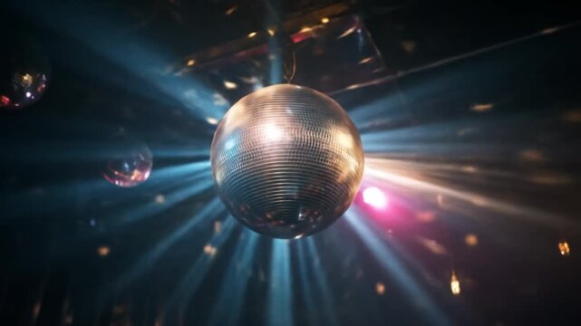 A central disco ball drifts under vivid beams of blue, pink, and white light in a dark club tonight