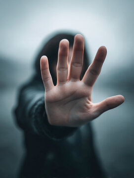 Front view of an open female hand as if indicating STOP. Concept: No more violence, harassment, discrimination, racism.