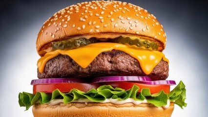 Close up of a delicious cheeseburger with melted cheese, pickle, onion, tomato, and lettuce on a bun