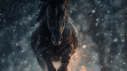 Epic cinematic shot of a powerful dark stallion running forward, dramatic rim lighting, dust and snow particles in slow motion, New Year 2026 banner typography, high detail, intens