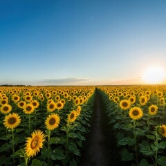 Obraz premium Beautiful sunflower field under a clear blue sky during sunset. Agricultural landscape and nature beauty concept for summer seasons.