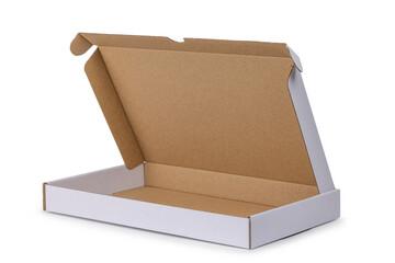 Open white outside and brown inside die-cut carton box flat plan for shipping and delivery, isolated on a white background.