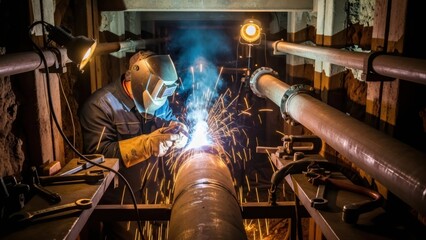 Male welder working with metal in dark workshop. Industrial welding process with sparks and smoke for construction and repair concept.