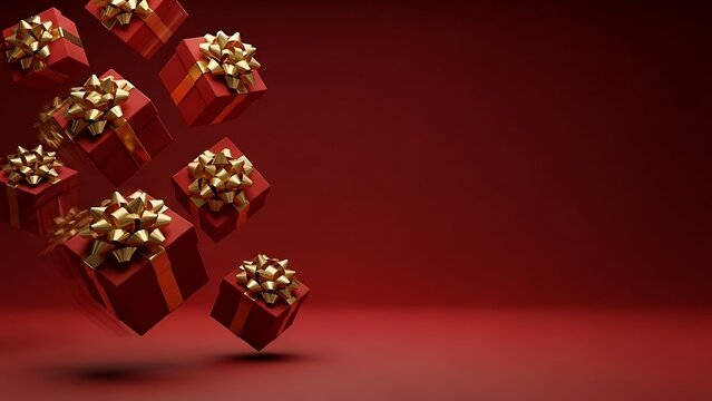 Boxing day concept, Minimalist winter holiday mockup with flying gift boxes in red, white, yellow, and orange, positioned with empty space for titles, seasonal greetings, Christmas and New Year