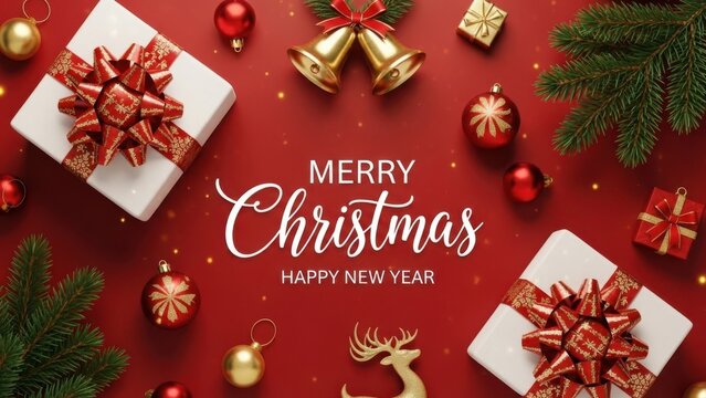 Festive christmas gifts and ornaments on a red background