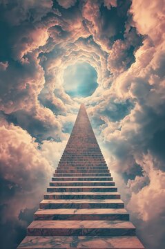 A marble staircase rises endlessly until clouds reshape the sky into a quiet impossible passage
