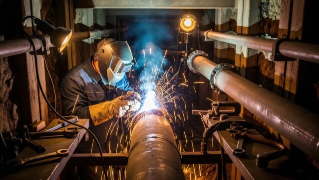 Male welder working with metal in dark workshop. Industrial welding process with sparks and smoke for construction and repair concept.