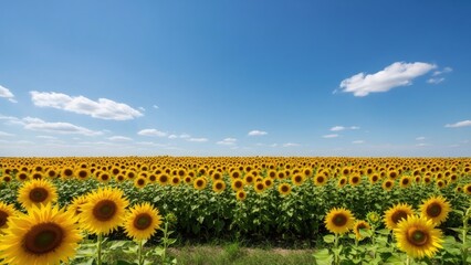 Fototapeta premium Expansive field of blooming sunflower under a bright blue sky with a few clouds. Summer agricultural landscape for nature and farming concept.