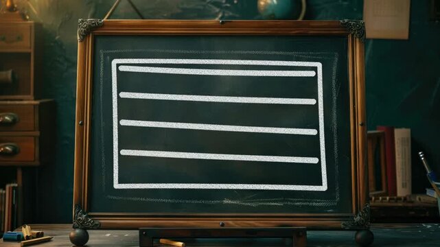 Video A traditional classroom setup with a student's desk and chair absent, focusing on the wooden table and blackboard