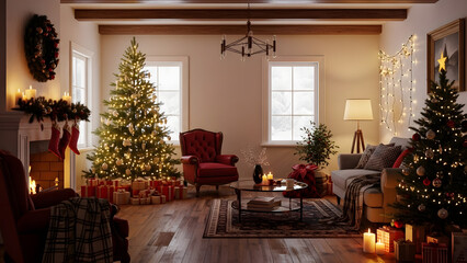 Obraz premium Rustic farmhouse Christmas living room with stone fireplace and warm fire glow