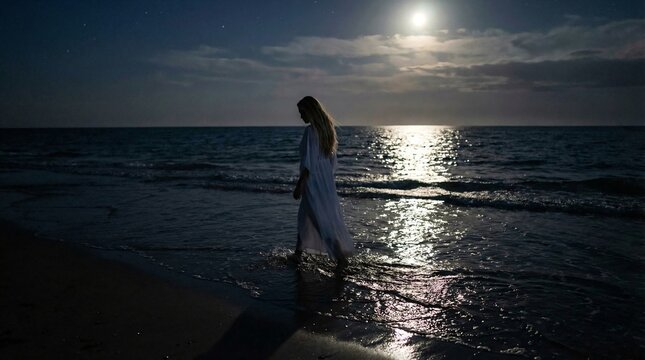 Woman walking beach at night moonlight ocean waves sand dark serene landscape travel photography coast