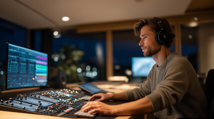 A sound designer in a gaming studio mixing explosive effects and ambient atmospheres with headphones on, surrounded by audio waveforms and glowing control panels — immersive sound engineering, game