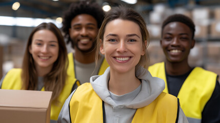 A multicultural group of volunteers packing relief boxes in a warehouse, laughing and working side by side — humanitarian teamwork, community service, and diversity in action. cinematic color