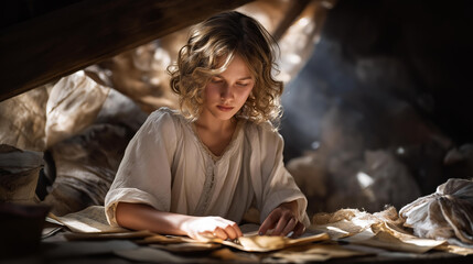 In a dusty attic filled with warm sunlight, someone organizes old belongings, uncovering letters and keepsakes from another time. Their expression is peaceful, the air quiet, the gesture deliberate