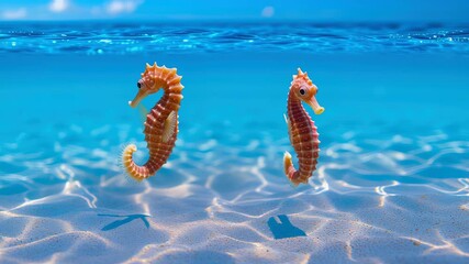 Seahorse couple underwater tropical ocean, clear blue water shallow sand reef with bright sunlight, playful romantic marine life scene, joyful serene