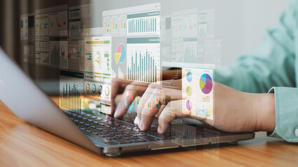 Hands typing on keyboard while financial charts and graphs overlay the image, symbolizing data analysis, business growth, and strategy.