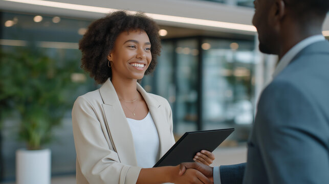 Manager greeting a new team member with a digital tablet and branded orientation folder in a clean, modern workspace — a strong visual of leadership, organization, and the human side of corporate