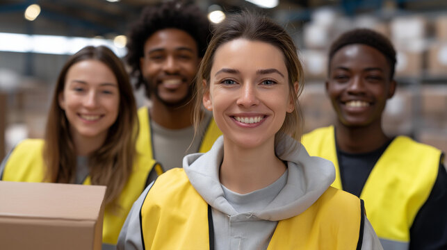 A multicultural group of volunteers packing relief boxes in a warehouse, laughing and working side by side — humanitarian teamwork, community service, and diversity in action. cinematic color