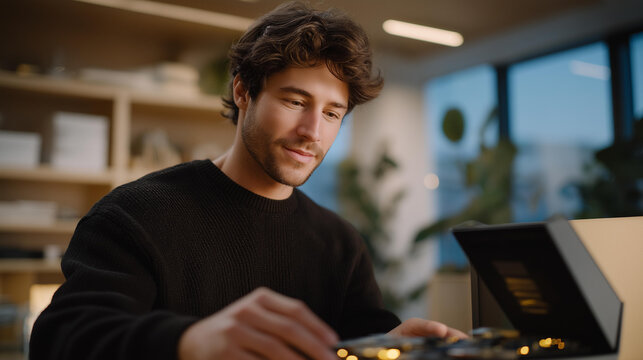 An engineer showcasing a hardware prototype on a workbench, opening the casing to reveal glowing circuits and sensors — hands-on tech demo, engineering transparency, and early-stage product design.