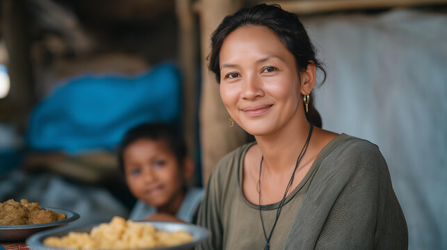 A single parent quietly skipping dinner so their child can have the last warm meal, sitting at the edge of the table with a tired but loving smile — emotional family sacrifice, hardship, and