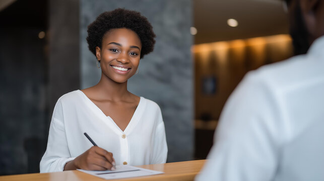 A medical clinic reception desk where a friendly staff member helps a patient fill out a digital form on a tablet — healthcare customer service, modern check-in systems, and patient-centered care.