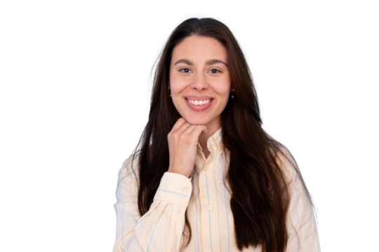 Young woman smiling, hand on chin, portrait with positive expression, looking at camera on transparent background - Powered by Adobe