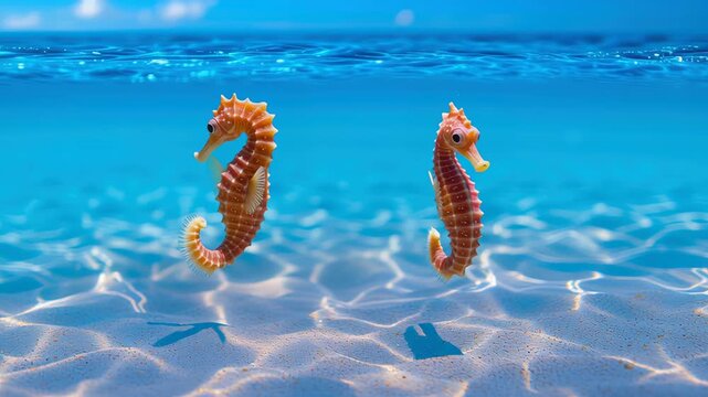 Seahorse couple underwater tropical ocean, clear blue water shallow sand reef with bright sunlight, playful romantic marine life scene, joyful serene