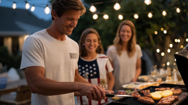 A family gathered around a backyard grill draped in string lights, wearing flag-themed clothing while celebrating a national holiday with laughter and music — festive patriotism, unity, and