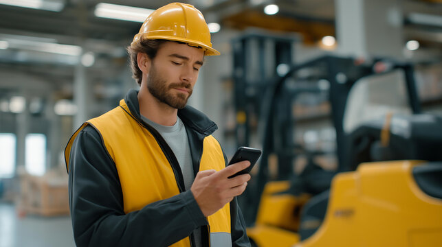 A logistics manager receiving multiple delivery delay alerts on a smartphone while supervising a busy warehouse with forklifts passing by — supply chain optimization, real-time tracking