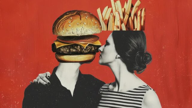 Video A man is being kissed by a woman while having a hamburger on his head